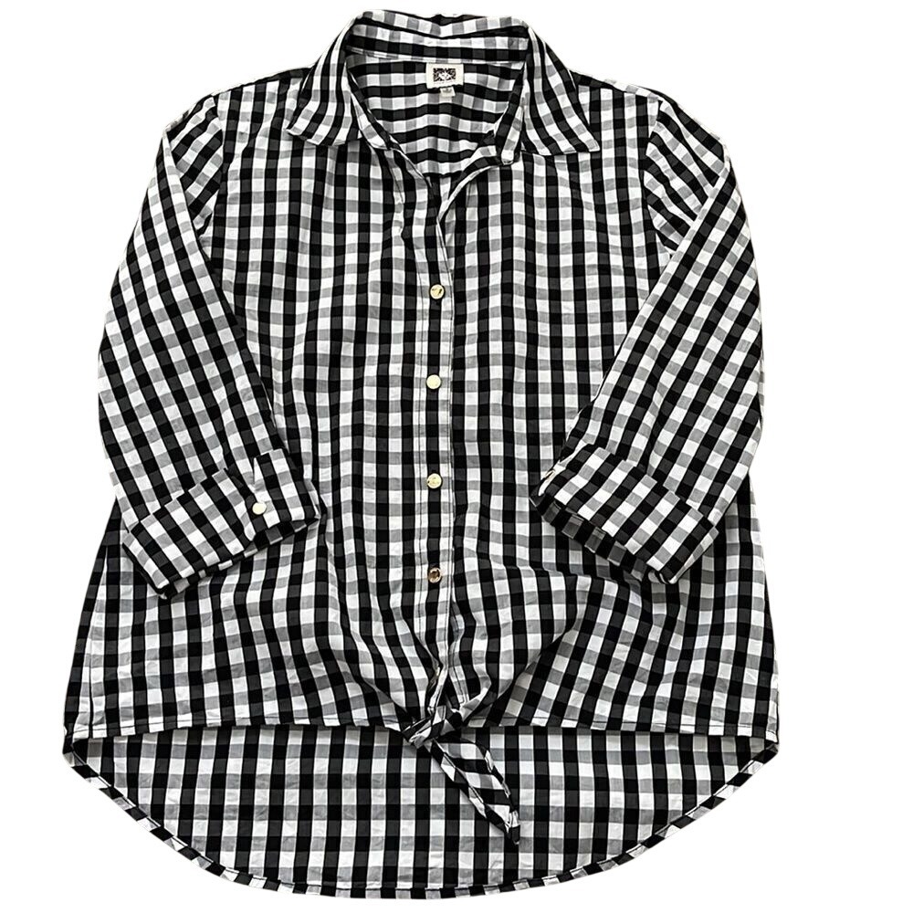 Anne Klein Button Down Womens S Black White Gingham Tie Front High Low Shirt